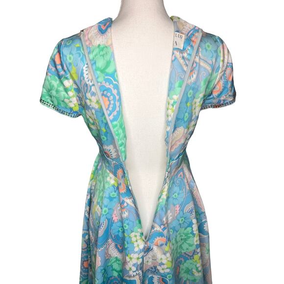Vintage 60s 70s Nardiello for Rona NY Floral Dress DeepV Rhinestones Size Small - Picture 9 of 13